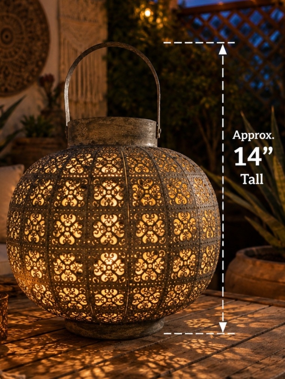Large Moroccan Style Filigree Metal Lantern Candle Holder 14" Boho Rustic Decor